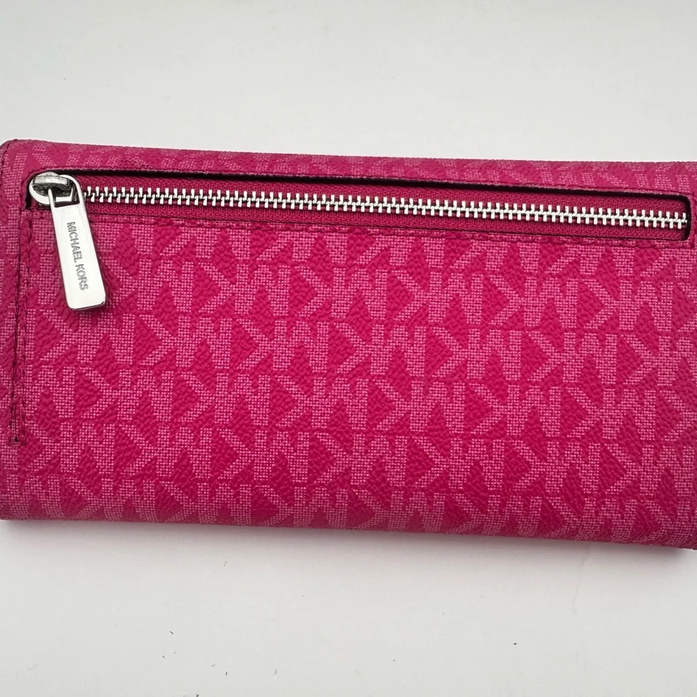 Michael Kors Jet Set Travel Large Bifold Wallet  Dragon Fruit Mk Logo - Picture 3 of 4